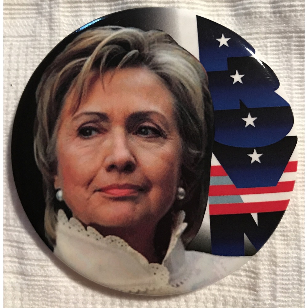 Collectible Political Pinback Pin 3" Button Hillary Photo Flag Background Clinto
